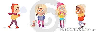 Children shivering from winter cold set, kids wearing warm coats, hat, mittens and boots Vector Illustration