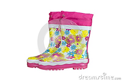 Children shoes and boots. Closeup of a pair pink rubber boots is Stock Photo