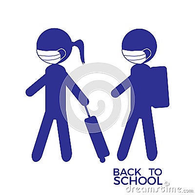 Children silhouette wearing face mask go to school Vector Illustration