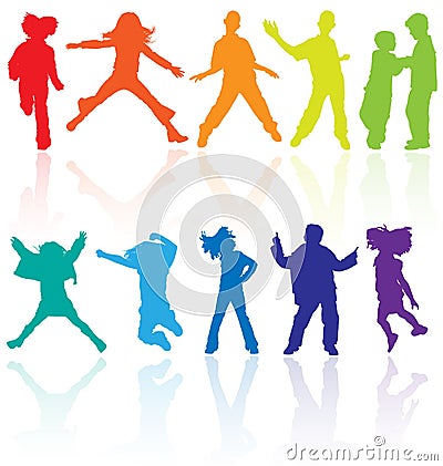 Kids silhouette children silhouettes dancing dance playing vector kid youth child teens school jumping teenagers club party happy Vector Illustration