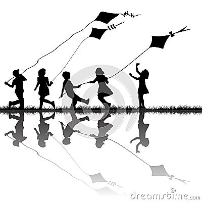 Children silhouettes playing with kites flying Vector Illustration