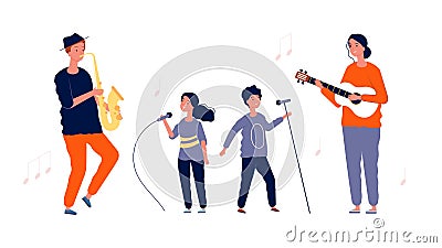 Children singers. Music and vocal lessons for children. Artists girl boy with microphones and adult musicians Vector Illustration