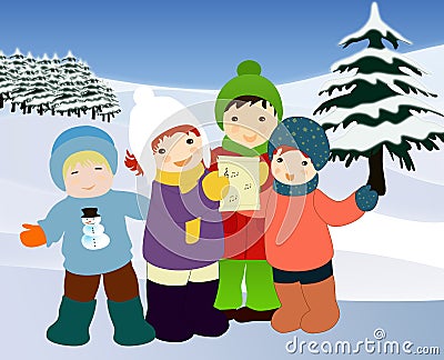 Children singing carols. Christmas illustration. Cartoon Illustration