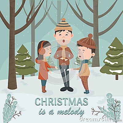 Children singing Christmas carols in forest landscape with trees and pine trees. Winter activities concept, clipart and design Cartoon Illustration