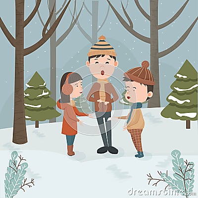 Children singing Christmas carols in forest landscape with trees and pine trees. Winter activities concept, clipart and design Cartoon Illustration