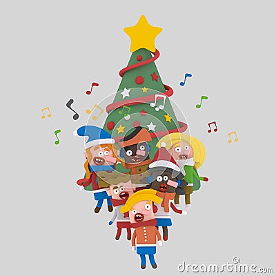 Children singing Christmas song.3D Cartoon Illustration