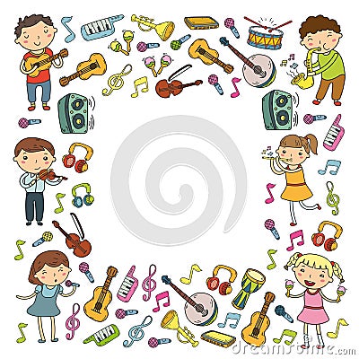 Music school for kids Vector illustration Children singing songs, playing musical instruments Kindergarten Doodle icon Vector Illustration