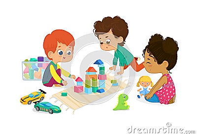 Children sit in circle and play with toys in the kindergarten classroom, play with wooden toy blocks, cars, doll and Vector Illustration