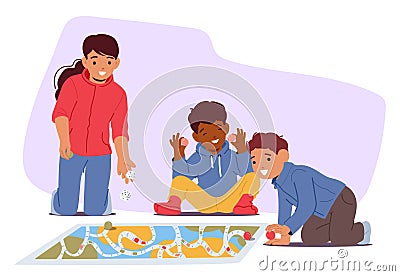 Children Sit On The Floor, Enthusiastically Playing Colorful Board Game, Laughter Echoing As They Roll Dice Vector Illustration