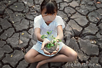 children siting on crack ground holding young plant. concept save world Stock Photo