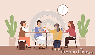 Children sitting and eating at table at school canteen. Pupils having mealtime at cafeteria. Scene of classmates dining Vector Illustration