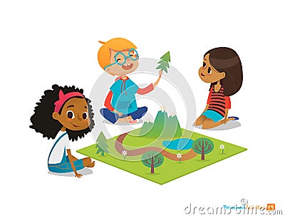 Children sitting on floor explore toy landscape, mountains, plants and trees. Playing and educational activity in kindergarten. Pr Vector Illustration
