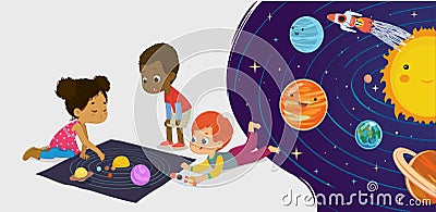 Children sitting on floor explore toy universe, Planets, Stars, Sun, Moon, and Galaxies. Playing and educational Vector Illustration