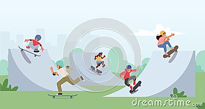 Children Skating Longboard in City Park. Teen or Preteen Kids Skaters, Boys and Girls Freedom Lifestyle. Urban Culture Vector Illustration