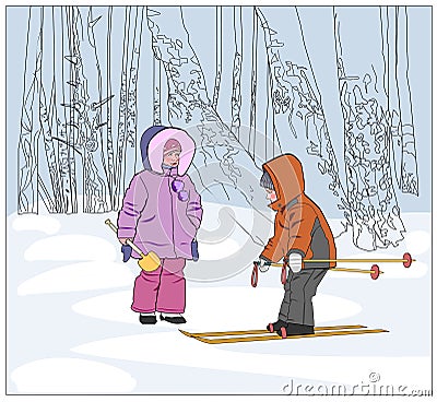 Children ski,play in the Park. Vector Illustration