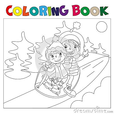 Children on the sled coloring book Vector Illustration