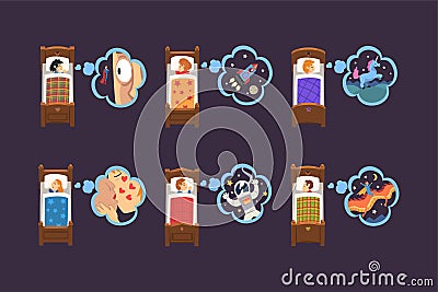 Children sleeping in beds with dreams in bubbles over their heads set. Little boys and girls sleeping under blankets in Vector Illustration