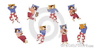 Children sleeping poses, kids wear pajama in bed Vector Illustration