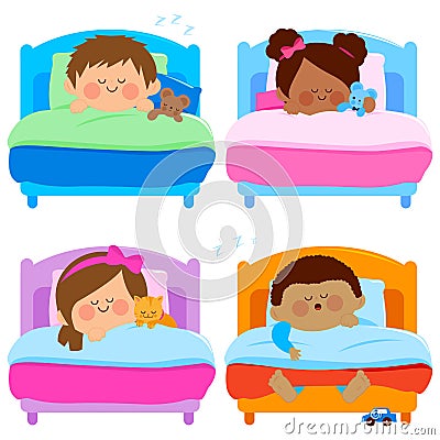 Children sleeping in their beds. Kids sleeping in their bedrooms. Bedtime for little boys and girls. Vector illustration Vector Illustration