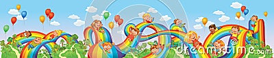 Children slide down on a rainbow. Roller coaster ride Vector Illustration