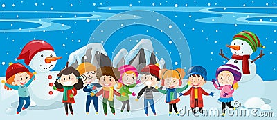 Children and snowman standing in snow Vector Illustration