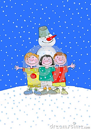 Children and snowman in winter holidays Cartoon Illustration