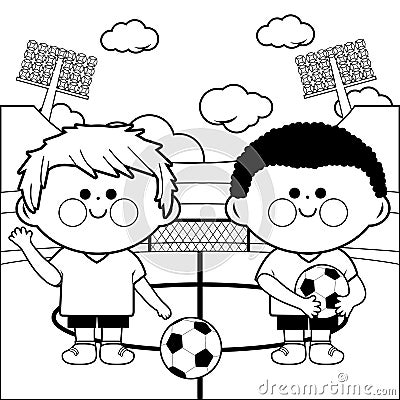 Children soccer players in a stadium. Vector black and white coloring page. Vector Illustration