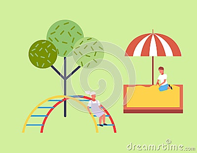 Kids have fun, recreation outdoors at summer, boy playing with sand in sandbox under umbrella Vector Illustration