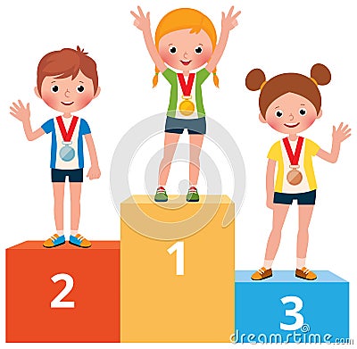 Children sportsmen in sport clothes with medals for victory stan Vector Illustration