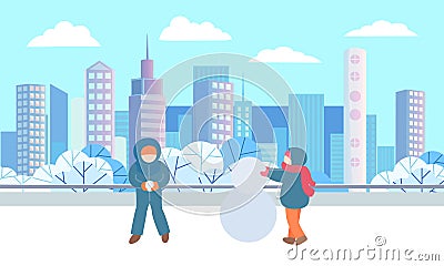 Children Sculpting Snowman in Winter City Park Vector Illustration
