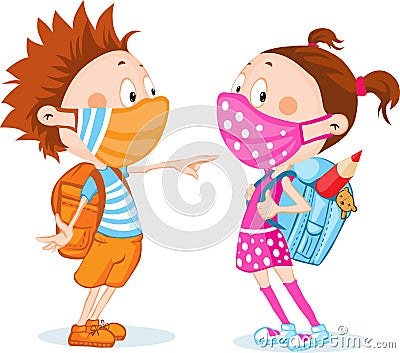 Children Students with Respirator Mask - Protection Against Viral Infection - Vector Illustration Vector Illustration