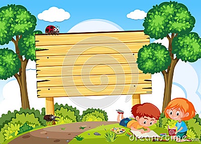 Children study in nature and signboard Vector Illustration