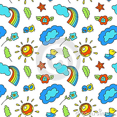 Children style vector seamless pattern with cloud rainbow sun. Playful wallpaper swatch. Kid birthday wrapping paper Stock Photo