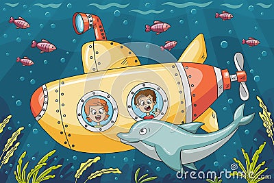 Children in a submarine Vector Illustration