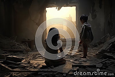 Children Suffer In Ruined House, Symbolizing Wars Destruction Stock Photo