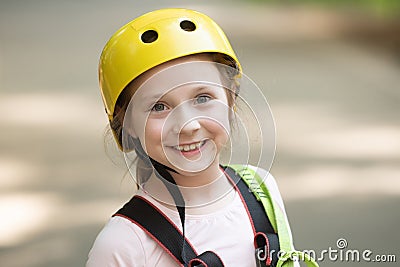 Children summer activities. Toddler age. Safe Climbing extreme sport with helmet. Active children. Portrait of a Stock Photo