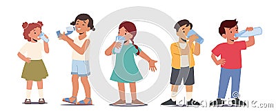 Children Summer Refreshment, Body Hydration. Kids Drinking Clean Water. Little Boys And Girls With Cups And Bottles Vector Illustration