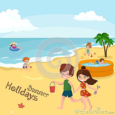 Children summer vacation. Kids Playing sand around water on beach Vector Illustration