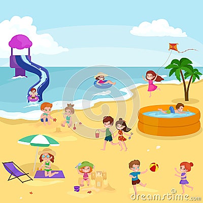 Children summer vacation. Kids Playing sand around water on beach Vector Illustration