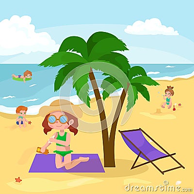 Children summer vacation. Kids Playing sand around water on beach Vector Illustration