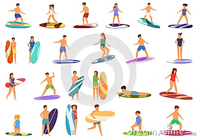Children surfing icons set cartoon vector. Wave surfer kid Vector Illustration