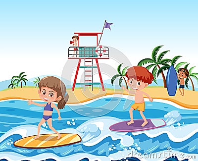 Children surfing on waves Vector Illustration