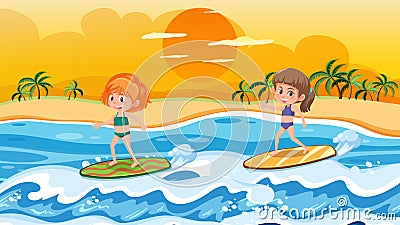 Children surfing on waves scene Vector Illustration