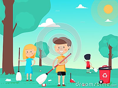 Children are sweeping and cleaning the playground. Vector Illustration