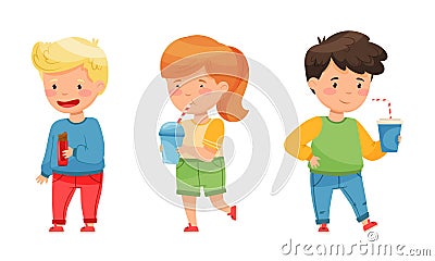 Children with sweet food set. Girl and boys chocolate and drinking soda drinks cartoon vector illustration Vector Illustration