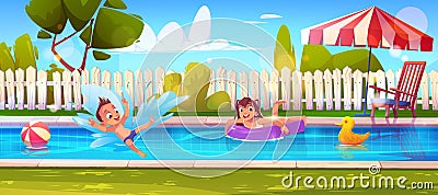 Children swim in pool on backyard garden cartoon Vector Illustration