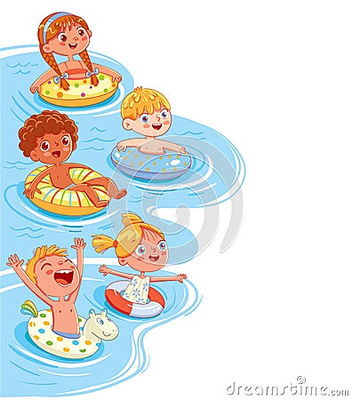 Children swim in the sea or pool on the lifebuoys and inflatable ring Vector Illustration