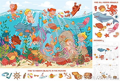 Children swim underwater with marine life. Find 10 hidden objects in the picture. Puzzle Hidden Items Vector Illustration