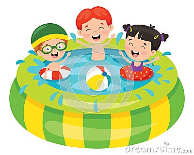 Children Swimming In An Inflatable Pool Vector Illustration