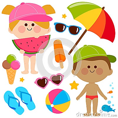 Children at the beach on summer vacations with swimsuits and hats. Vector illustration Vector Illustration